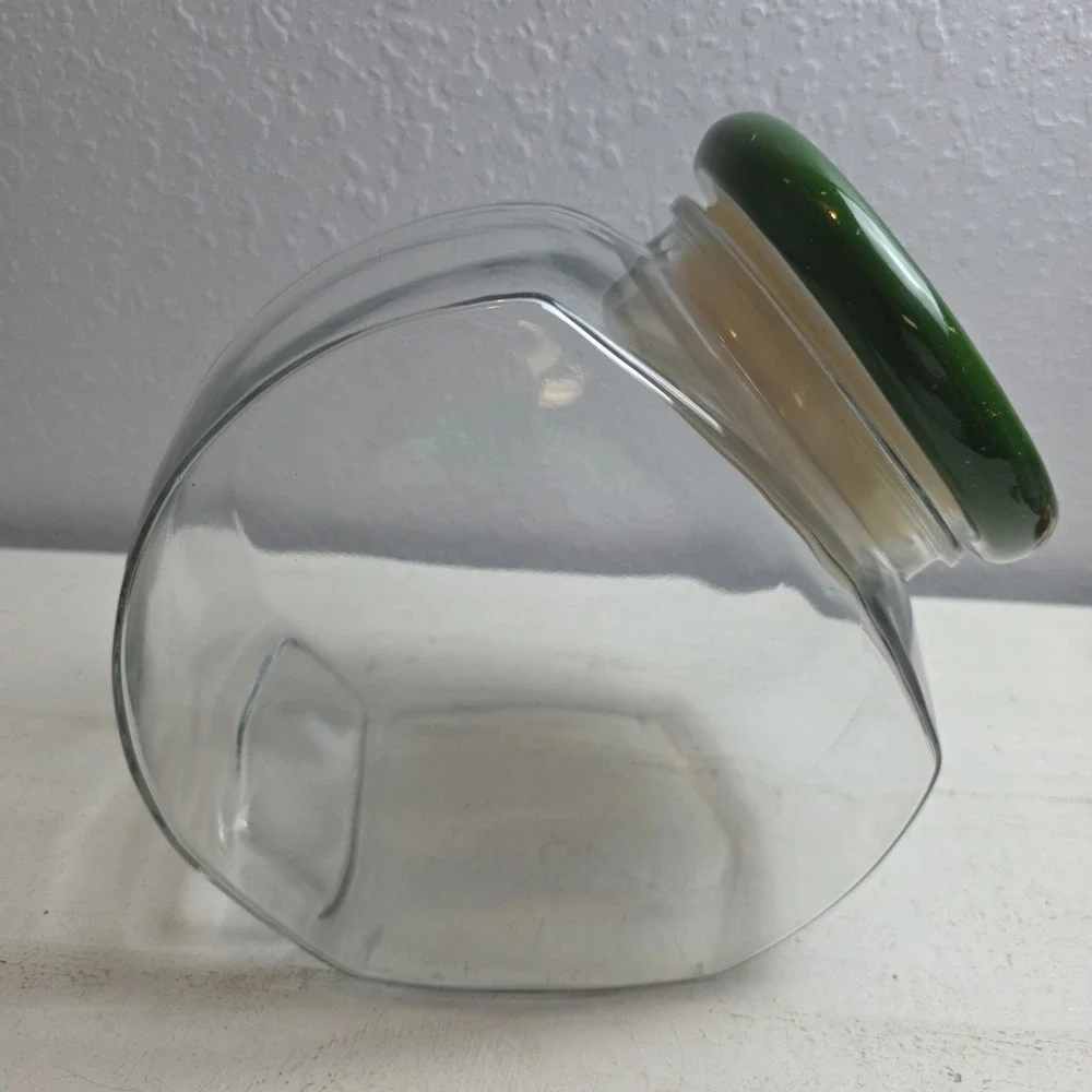 Vintage Glass Slant Cookie Jar‎ Hand Painted Apple Checkered Lid Airtight Seal